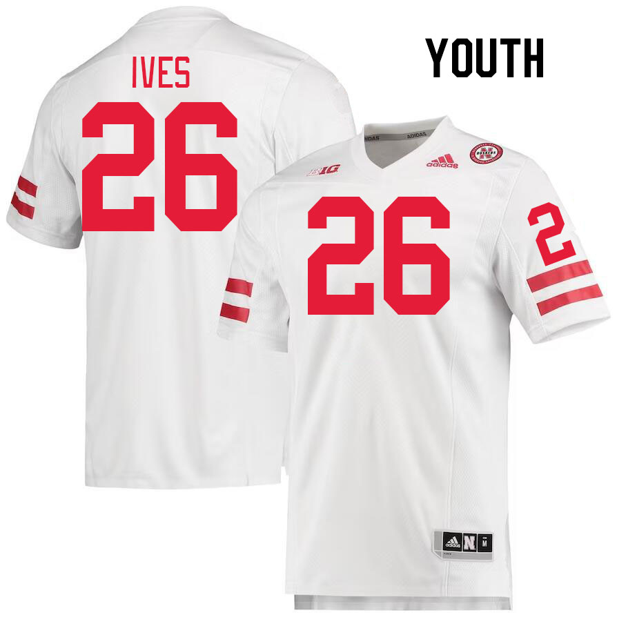 Youth #26 Kwinten Ives Nebraska Cornhuskers College Football Jerseys Stitched Sale-White - Click Image to Close